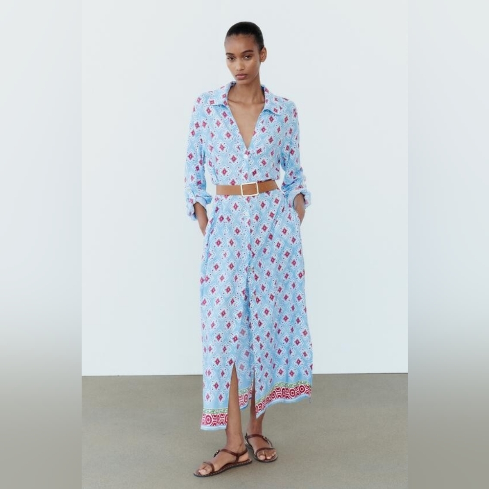 Zara Light Blue Maxi Dress with Red & White Print